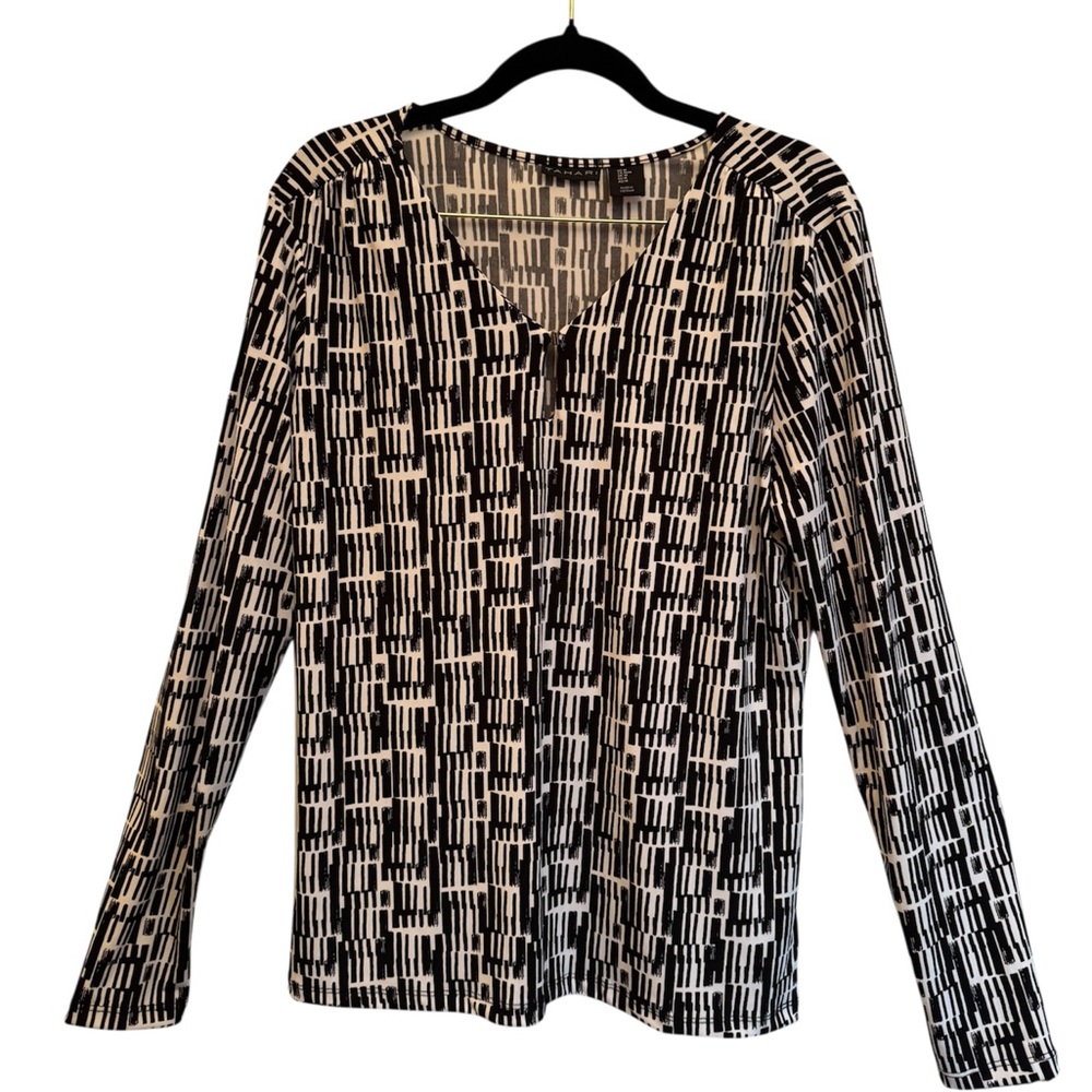 Tahari Black and White Geometric Long Sleeve Blouse
